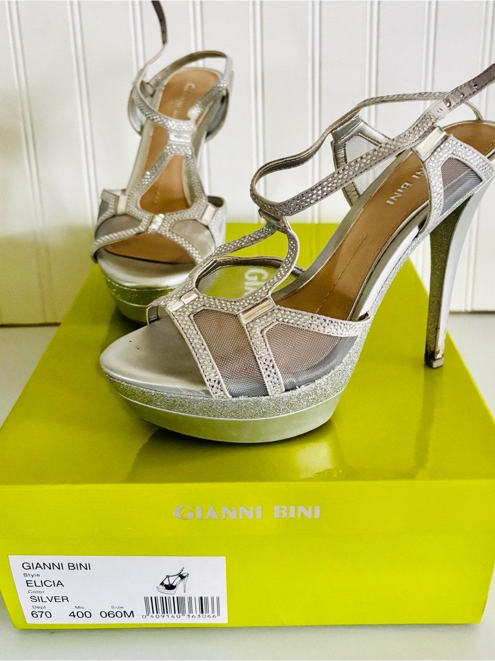 Gianni Bini Metallic Silver Crystal T-Strap Platform Heels